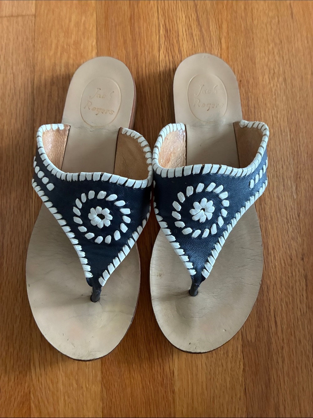 Jack Rogers Black Leather Thong Sandals with White Whipstitch